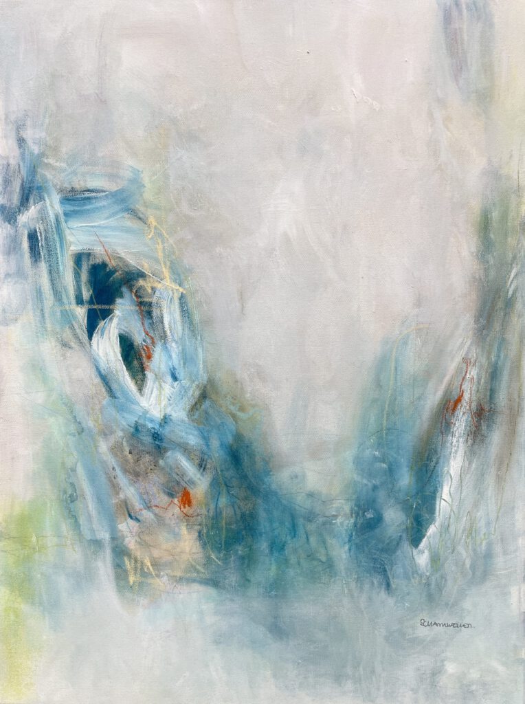 Abstraktes Gemälde in Blau- und Naturtönen, inspiriert von Landschaft und Natur