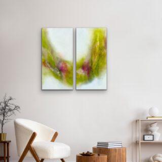 This elegant abstract diptych captures a vibrant, organic flow across two panels, evoking the soft transitions and untamed beauty of the natural world. Dominating the composition are rich, mossy greens and earthy olive tones that curve gracefully against a clean, minimalist white background.

Delicate accents of deep magenta and soft rose pink bloom near the center, adding a poetic contrast that feels reminiscent of early spring or hidden flora. Fine, intuitive linework weaves through the translucent washes of color, giving the piece a gentle, rhythmic texture. With its balanced composition and airy aesthetic, this artwork brings a serene yet dynamic energy to any modern space.

Soulgarden No. 8  I  80 x 80 cm  I  set of 2  I  2026

---

Dieses elegante abstrakte Diptychon fängt auf zwei Leinwänden einen lebendigen, organischen Fluss ein, der an die sanften Übergänge und die ungezähmte Schönheit der Natur erinnert. Dominierend in der Komposition sind satte, moosgrüne und erdige Olivtöne, die sich elegant vor einem klaren, minimalistischen weißen Hintergrund aneinanderreihen.

Zarte Akzente in tiefem Magenta und sanftem Rosé erblühen nahe der Mitte und setzen einen poetischen Kontrast, der an das Erwachen des Frühlings oder verborgene Blüten erinnert. Feine, intuitive Linien durchziehen die transluzenten Farbschichten und verleihen dem Werk eine sanfte, rhythmische Textur. Mit seiner ausgewogenen Komposition und der luftigen Ästhetik bringt dieses Kunstwerk eine anmutige und zugleich dynamische Energie in jeden modernen Raum.

Soulgarden No. 8  I  80 x 80 cm  I  2teilig  I  2026

#Kirstenschankweiler #Soulgarden #grün #inspiredbynature #nature #abstraktekunst #pink #homeinterior #homedesign #interiordesign #wohnenmitkunst #inneneinrichtung